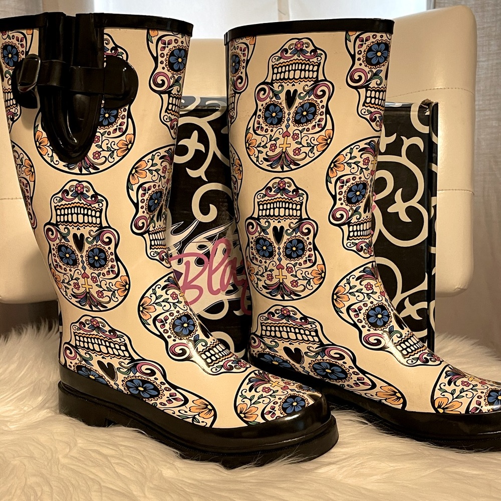 Rain boots with Day of Dead skull print
